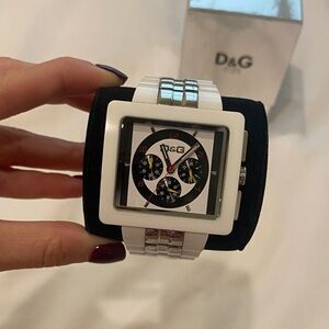 D&G White Square Chronograph Ceramic-Style Watch